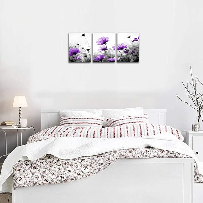 Flowers Wall Art Canvas Pictures Purple Wildflowers Black and White Background 3 Piece Canvas Art Blossom Contemporary Artwork for Home Decoration Office Kitchen Wall Decor 12"x 16" x 3 Panels