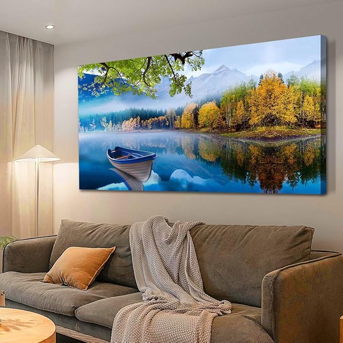 Arjun Landscape Wall Art for Living Room Lake Canvas Blue Picture Bedroom, Nature Boat Artwork Modern Nature Painting Framed Large Home Office Dining Room Wall Decor 48"x24"