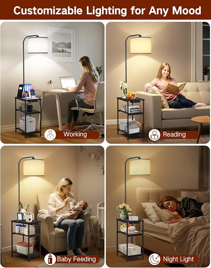Floor Lamp with Table & Remote, Side End Table with Charging Station, Dimmable Nightstand with 3 Color Temperatures, 1-Hour Timer, 12W LED Bulb, for Living Room, Bedroom(Black)
