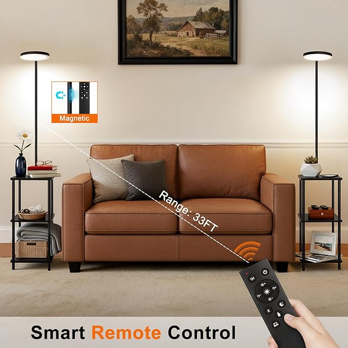 LED Floor Lamp with Table, 25W/3000LM Super Bright Floor Lamp with Remote, End Table with Lamp Attached Stepless Dimmable, Side Tables with Lamp with 350° Rotating Head for Living Room Bedroom Office