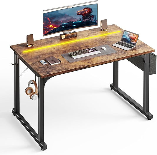 40 Inch Computer Desk with LED Lights for Small Spaces, Office Desk for Home Office, Study Desk Writing Table with Storage Bag, Headphone Hook, Rustic Brown
