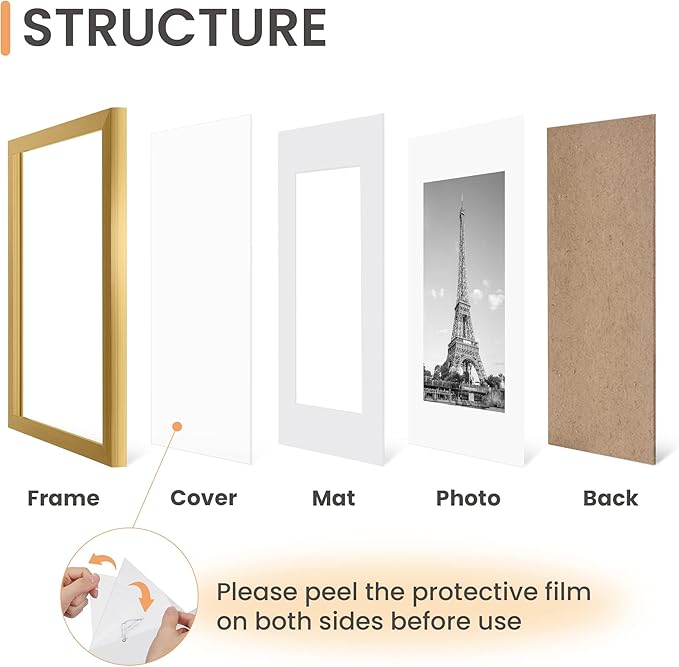 upsimples 11x14 Picture Frame Set of 5, Display Pictures 8x10 with Mat or 11x14 Without Mat, Wall Gallery Photo Frames, Gold