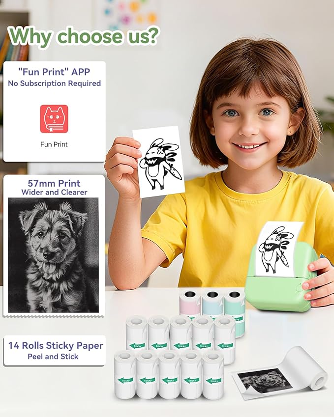 Aptika Mini Printer - Portable Sticker Maker with 14 Rolls Self-Adhesive Thermal Papers, Inkless Label Maker Machine for Study Anatomy Graphics Photos Address, Green
