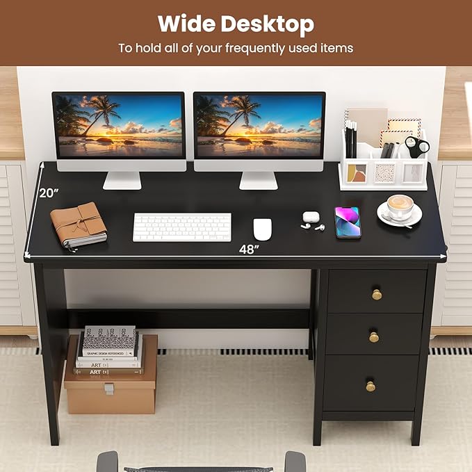 GOFLAME Computer Desk w/ 3 Drawers, 48" Wide Writing Desk with Storage, Laptop Study Desk w/Anti-tip Kit, Modern Home Office Desk, Wooden Workstation, Vanity Table for Study, Office,Black