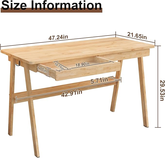 Solid Wood Desk with Drawers - 47.2 Inch Writing Desk with Drawers & Storage Shelf, Simple Modern Study Table, Home Office Computer Desks for Bedroom & Home, Natural Boho Desks