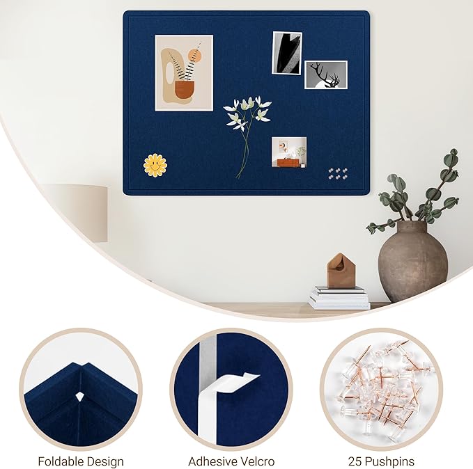 AKTOP Cork Bulletin Board 36" x 48", Large Foldable Felt Notice Pin Board for Wall, Decorative CorkBoard Photo Display Board with Self-Adhesive Tape for Office, School & Home, 25 Pushpins, Blue