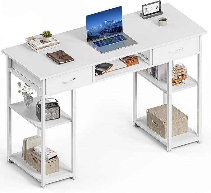 Sweetcrispy Computer Gaming Desk with Fabric Drawers - 48 Inch Home Office Bedroom Writing StudyTable with Storage Shelves Adjustable Feet PC Desk, White