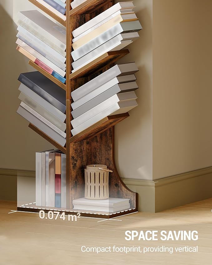 Tree Bookshelf, 11 Tier Narrow Bookcase, Display Shelf, Book Organizer, Small Floor Standing Book Shelf for Bedroom, Living Room, Home Office, Rustic Brown BC01601X