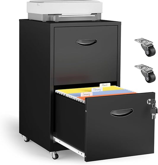 2 Drawer Mobile File Cabinet with Lock, Black Metal Filing Cabinets with Wheels, Vertical Rolling File Cabinet Fit Hanging Files, Letter and A4 Documents