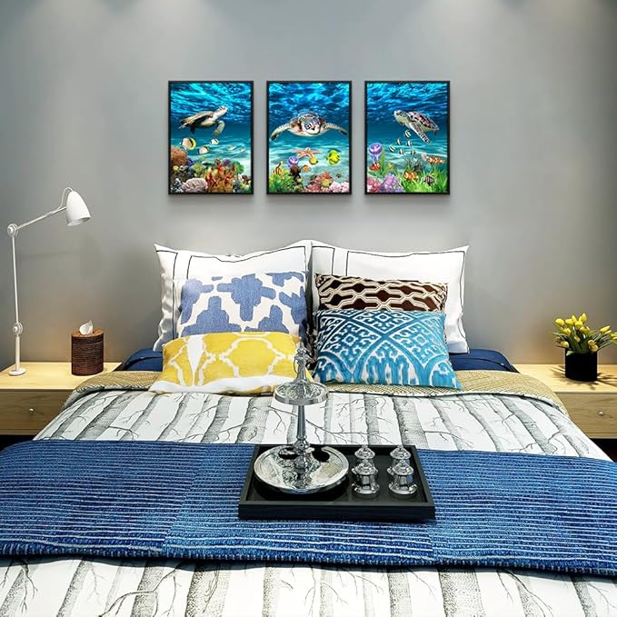 Black Framed Art Prints - Blue Ocean Sea Turtle Wall Art, 3 Piece Set for Living Room, Bedroom, Bathroom & Office Decor