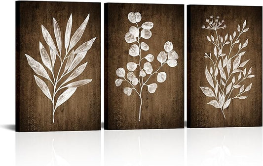 Conipit Rustic Botanical Wall Art Canvas Brown Botanical Painting Minimalist Vintage Leaf Plant Artwork Prints Framed For Living Room Bedroom Wall Decor 16''X24''X3pcs