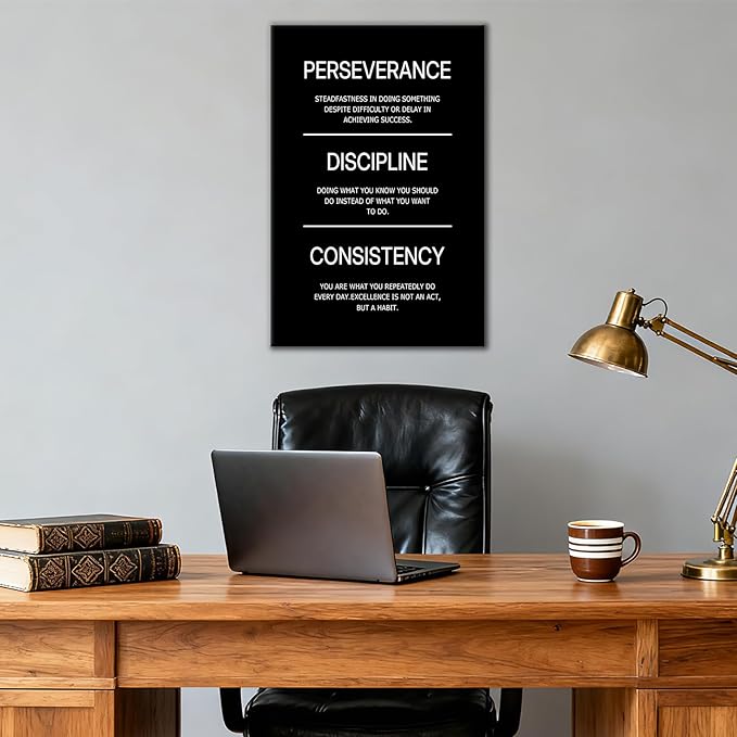 DINGFUN Perseverance Discipline Consistency Motivational Wall Decor Inspirational Office Poster Wall Art Positive Picture Print Artwork for Home Bedroom Gym Classroom Ready to Hang [12''Wx18''H]
