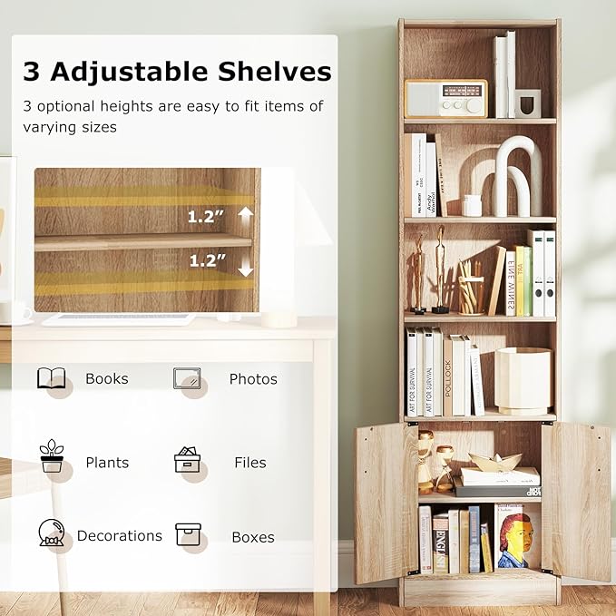 Giantex 6-Tier Bookshelf with Doors Set of 2, 71" Tall Bookcase w/ 4 Open Cubes & 3 Adjustable Shelves, Mid Century Display Cabinet, Modern Floor Storage Organizer for Living Room, Study, Oak