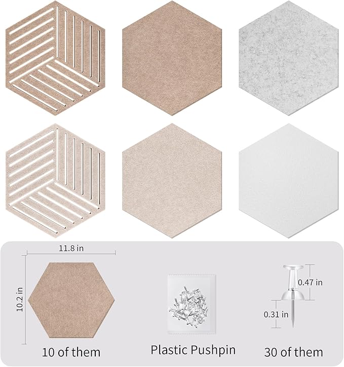 Fwpelt 12'' Large Hexagon Cork-Bulletin Board Tiles Adhesive 10 Pack Frameless Corkboard Hexagonal Prayer Vision Cork Board for Office Wall Decor, Hex Tack Pinboard with 30 Push Pins