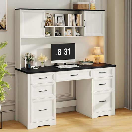 Farmhouse Executive Desk with 7 Drawers and Storage Cabinet, Rustic Large Home Writing Desk with Hutch, Workstation for Bedroom, Black