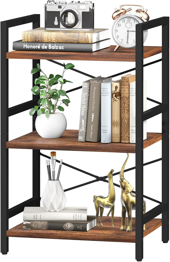 Yoobure Bookshelf Small Book Shelf, Solid Industrial 3 Tier Shelf Bookcase, Short Book Case for Bedroom, Living Room, Office Home, Small Spaces, Easy Assembly Berry Brown