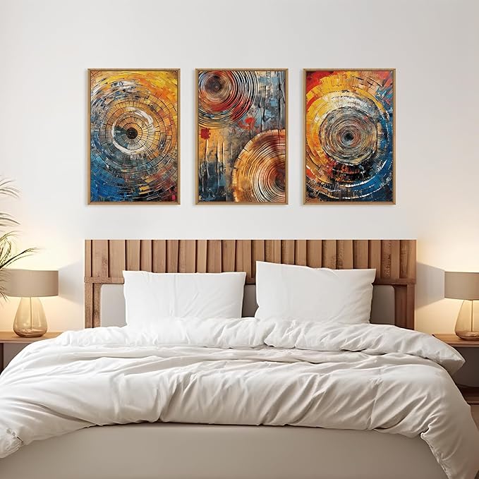 Large Colorful Tree Ring Framed Canvas Wall Art,Modern Tree Stump Wall Decor,Abstract Wood Grain Artwork,Neutral Botanical Annual Ring Art Print for Living Room,Bedroom,Office- 24"x36"x3