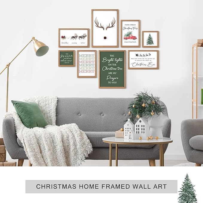 Faccito 8 Set Christmas Wall Art Decor Merry Christmas Wooden Framed Art Decor Xmas Elk Wall Decoration for Home Gallery Large Winter Decoration for Kitchen Bedroom Bathroom Living Room