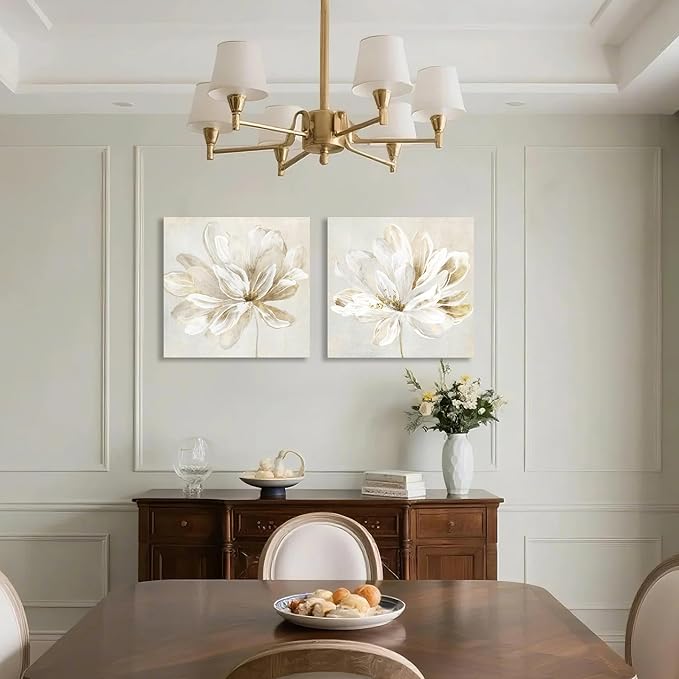 SEVEN WALL ARTS 2 Pcs Beige and Gold Flower Wall Art Blooming Flower Abstract Floral Artwork Canvas Print Poster for Living Room Bedroom Office Wall Decor 24"x24"