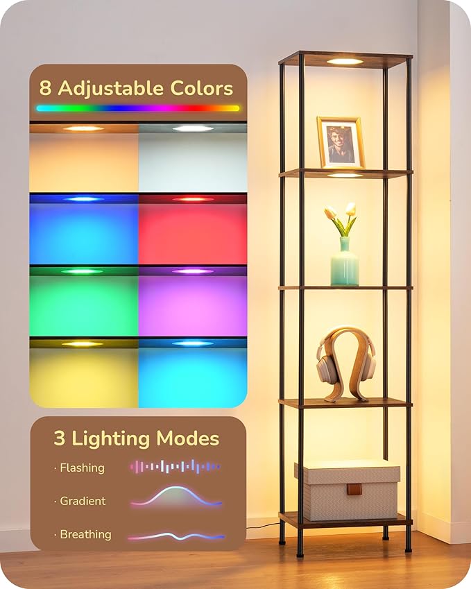 EDISHINE RGBW Standing Lamp, 5-Tier Display Shelf with Light, Adjustable Brightness & Color Temperature, 3 Lighting Modes, Remote Control, Stable Floor Lamps for Living Room, Fire-Burned Wood Color