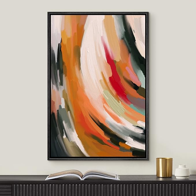 MUDECOR Framed Canvas Print Wall Art Rainbow Pastel Paint Stroke Swirl Abstract Shapes Illustrations Minimalism Decorative Relax/Zen Colorful Nordic for Living Room, Bedroom, Office - 16"x24" Black