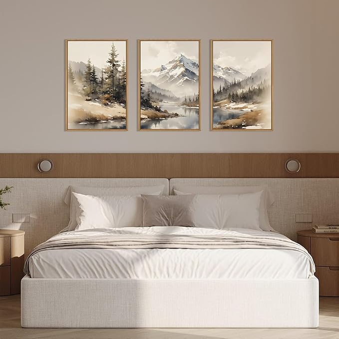 Ausril Watercolor Misty Mountain Framed Canvas Wall Art Set, Foggy Pine Tree Wall Decor, Winter Landscape Wall Painting, Nature Snowy Scene Art Print for Living Room, Bedroom, Office - 24"X36"X3