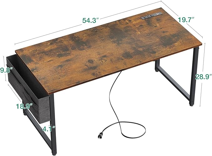 KKL Large Computer Desk with Power Outlets and USB Port Desk for Home Office Gaming Simple Modern Style Writing Desks with Storage Bag Headphone Hook, 55 inch, Rustic Brown