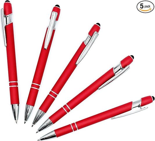 Pack of 5 Rubberized Comfort Soft Touch 2 in 1 Ballpoint Pen Capacitive Stylus Tip, Premium Metal Medium Point, Black Ink, Compatible with Most Touch Screens (Red)