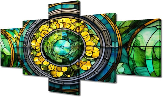 Canvas Wall Art Modern Stained Glass Painting Artwork Prints Green Yellow Brown Blue Colors Poster 5 Panel Canvas Art Decor for Men Lady Living Room Decor Stretched and Framed Ready to Hang 50x24 in