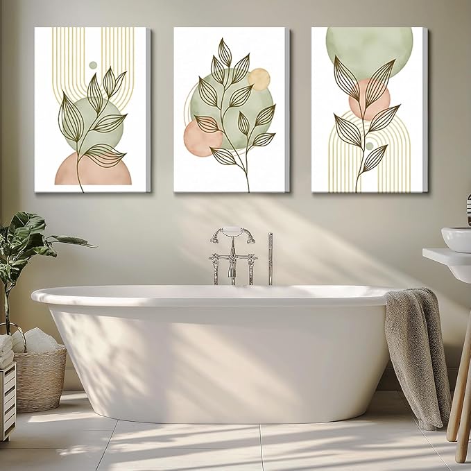 3Pcs Framed Sage Green Boho Canvas Wall Art Modern PinkBotanical Posters Print Abstract With Leafr Pictures Wall Decoration For Living Room Bedroom Bathroom