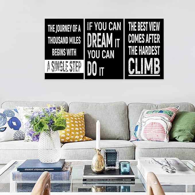 3 Piece Inspirational Wall Art, Black Background Sayings Picture, Quotes Motivational Canvas Prints for Gym Wall Decor, Triptych Entrepreneur Painting Framed Artwork for School Decor (72"Wx36" H)