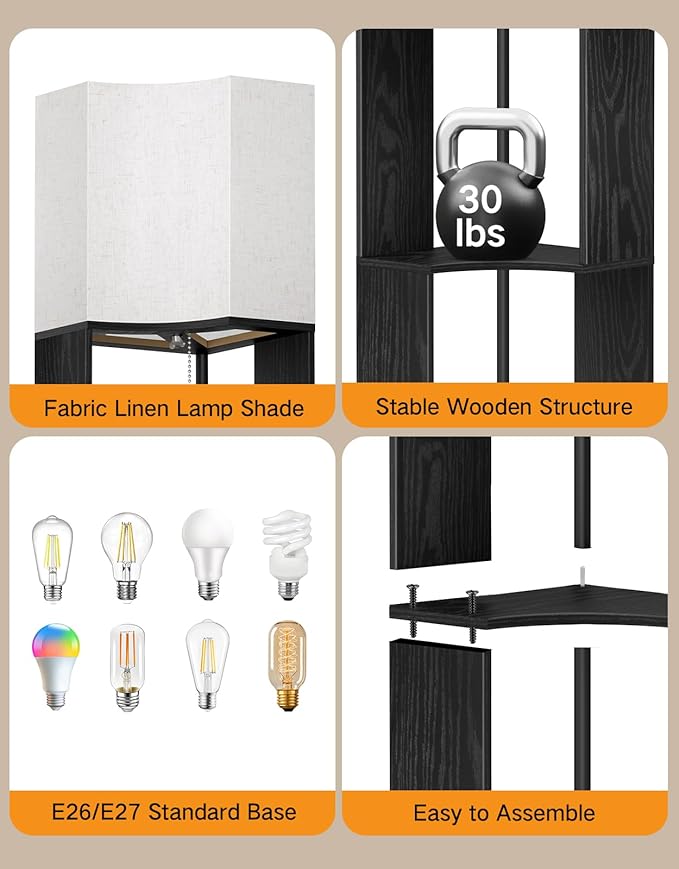 OUTON Floor Lamp with Shelves, Modern Tripod Standing Shelf Lamp with 3 Color Temperature Bulb, Storage Display Wood Column Tall Bookshelf Lamp for Living Room, Bedroom Office, Black