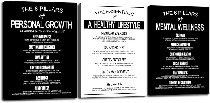 Motivational Wall Decor The 6 Pillars of Personal Growth, Mental Wellness & Healthy Lifestyle Posters - Set of 3 Inspirational Wall Art Prints for Office Home Gym Framed [36''Wx 16''H]