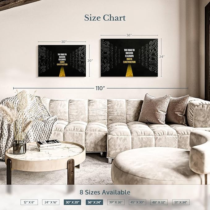 ElephantStock - Work On Your Road To Success Wall Art - Horizontal Canvas Wall Art - Home Office Wall Decor - Digital Art Inspirational And Typography Canvas Art - Black And White Decor - 36" x 24"