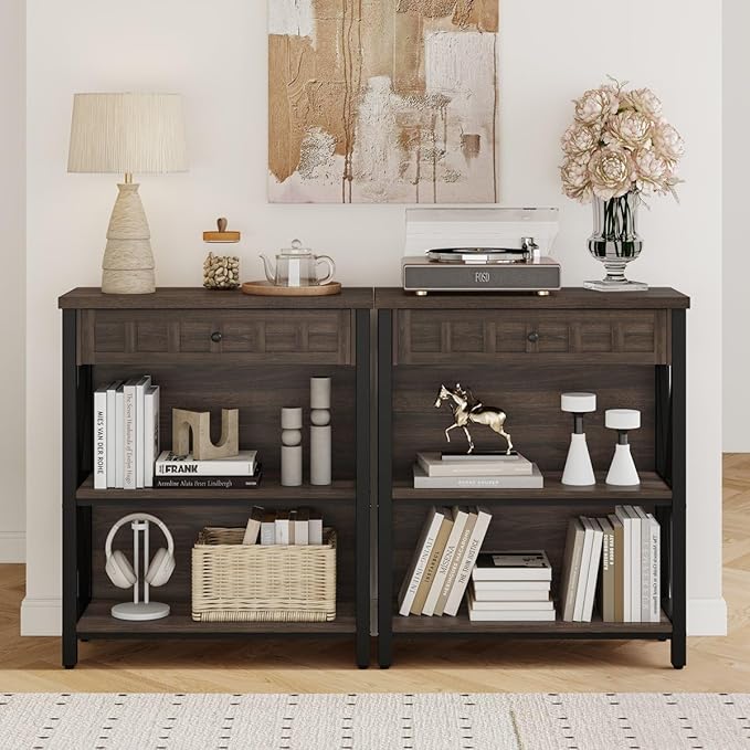 FATORRI Small Bookcase with Drawer, Industrial 3 Shelf Bookshelf, Wood and Metal Book Shelf, Short Book Shelves and Low Book case for Small Space (Dark Walnut)
