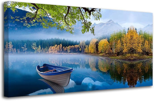 Arjun Landscape Wall Art for Living Room Lake Canvas Blue Picture Bedroom, Nature Boat Artwork Modern Nature Painting Framed Large Home Office Dining Room Wall Decor 40"x20"