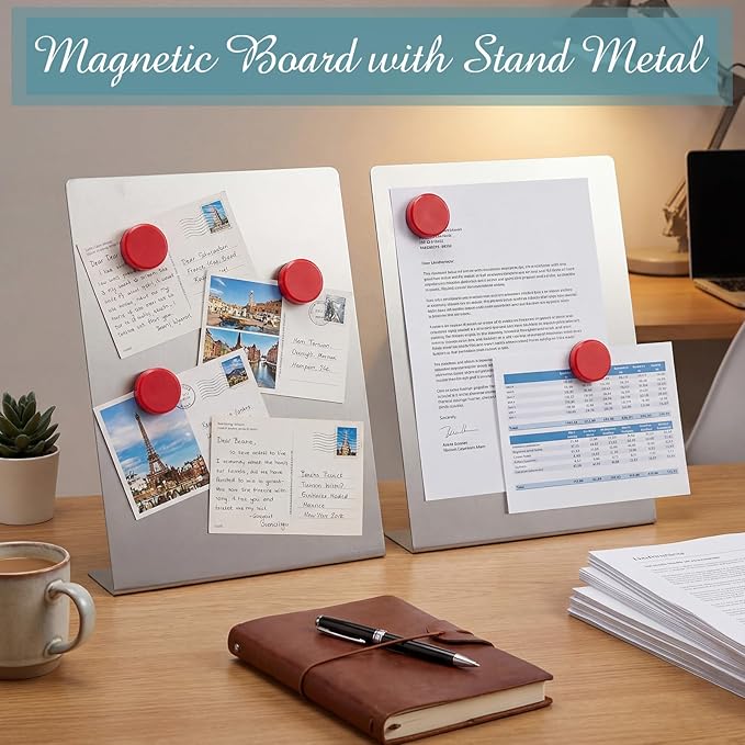 Fainne Silver 2 Pcs Magnetic Bulletin Board with Easel Stand 11 x 8.5 x 2.4 Inches Mini Magnet Metal Tabletop Memo Display Board for Back to School Menu Table Office Supplies