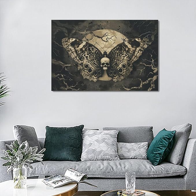 Skull Gothic Wall Art Skeleton Butterfly Dark Spooky Pictures Wall Decor Goth Horror Canvas Painting Home Modern Artwork Decorations Framed for Bathroom Living Room Bedroom Office 24x16 inch