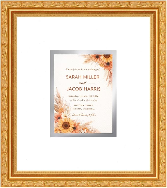 Poster Palooza Wedding Invitation Display Frame 10x11.25 in Gold With White and Metallic Silver Double Mat for 4.25x5.5 A2 Keepsake | USA Made