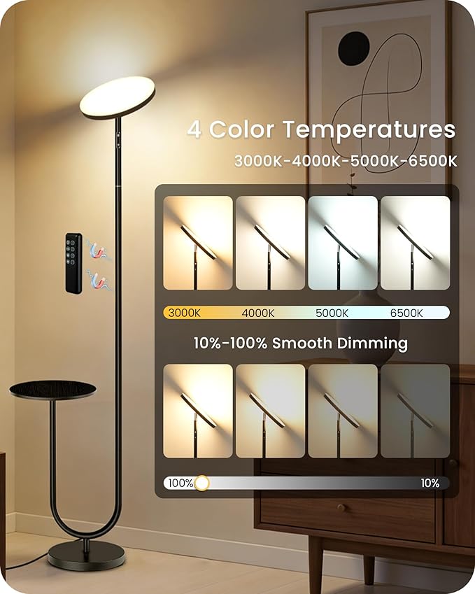 Floor Lamp with Table, Dimmable Standing Light with 3 Temperatures & Remote Control, LED Up and Down Lighting with Tray, Modern Reading Torchiere Corner Lamp for Bedroom Office Black,B24LD05