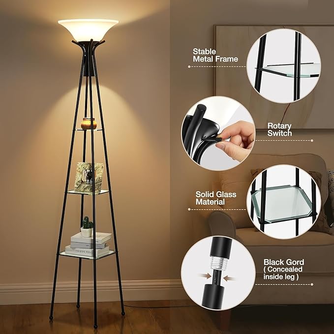 Floor Lamp with Shelves, 69” Tall Shelf Lamp with Remote Control, 3-Tier Glass Shelf Lamp, Dimmable Torchiere Floor Lamps for Living Room, Bedroom, Office, Adjustable Color Temperatures Bulbs Included