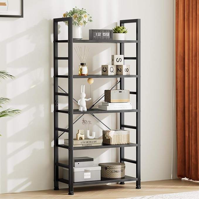 NEWBULIG Book Shelf 5 Tier Modern Bookcase Sturdy Metal Storage Organizer Books/CDs/Magazines Industrial Open Display Shelf for Bedroom Home Office Kitchen Living Room