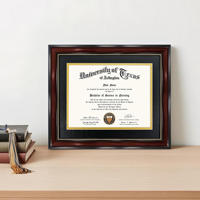 GraduationMall 8.5x11 Diploma Frame with Black over Gold Mat or Display 11x14 Document without Mat, UV Protection Acrylic, Mahogany with Gold Beads, Set of 3