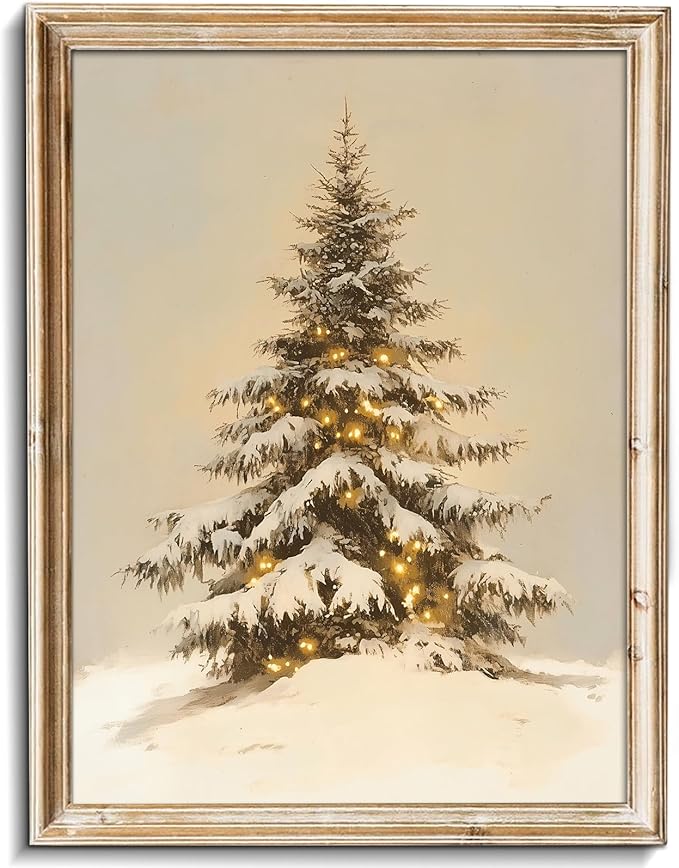 uniro Snowy Christmas Tree Print, Vintage Pine tree Decor Wall Art, Neutral Antique Holiday Xmas Tree Painting, Christmas Muted Rustic PineTree Artwork Painting Winter Farmhouse Holiday Wall Decor for Bedroom, Living Room, Gallery, winter Room Decor, h...