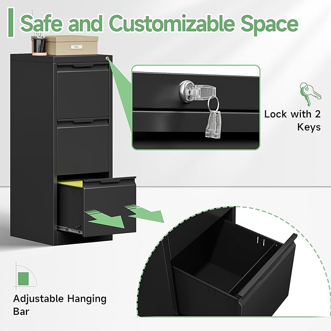 3 Drawer File Cabinets for Home Office,File Cabinet with Lock, Metal Filing Cabinet for A4/Letter/Legal Size Folder, Assembly Required,Black