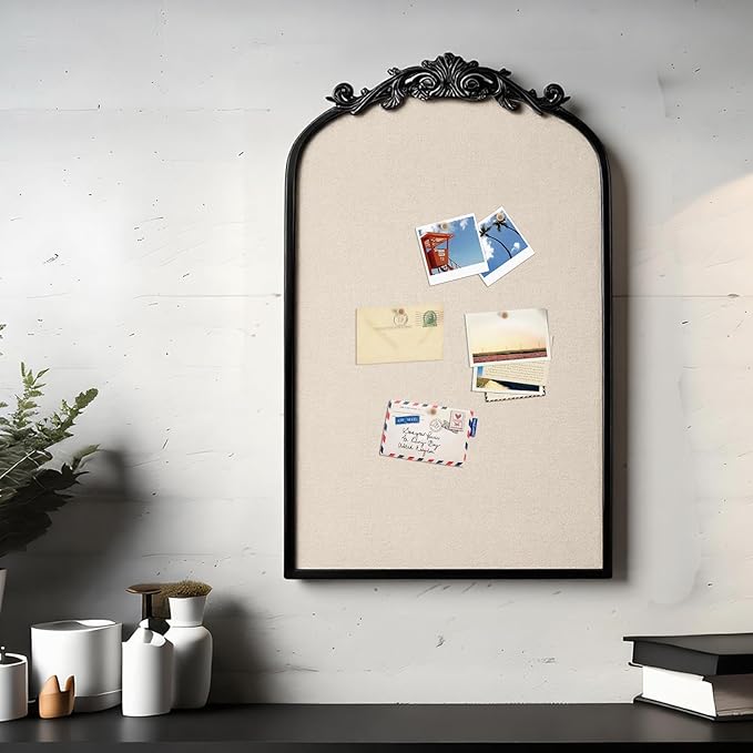 Vintage Framed Pin Board Linen Display Bulletin Board Large Cork Fabric Picture Photo Pinboard Memo Ornate Decorative Pinboard Ornate for Wall Gift(Arch,19" X 31",Vintage Black)