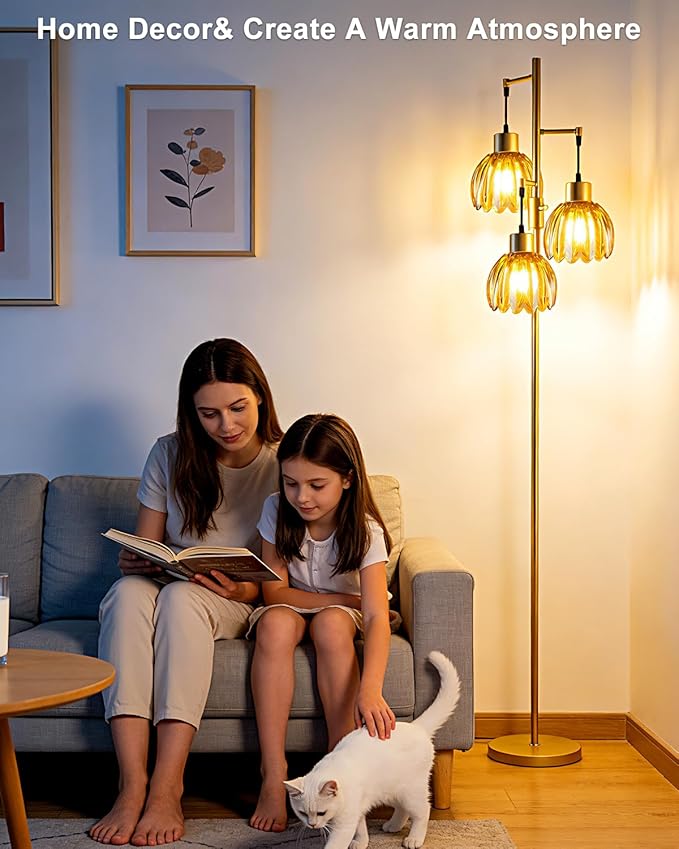 Lightdot 65'' Glass Floor Lamp Dimmable Gold Floor Lamps with Brown Lotus Glass Shade& 3000K Bulbs Included 3-Lights Modern Tall Standing Lamp for Living Room/Bedroom/Sofa Beside/Corner Decor