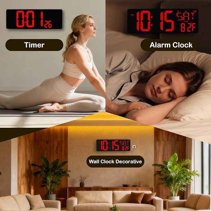 Digital Wall Clock Large Display: 16.5" LED Digital Clock with Remote Control Temperature Date Week Auto DST Adjustable Brightness, Big Wall Clock for Bedreeom Kitchen Living Room Office Gym