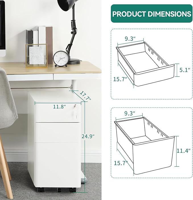 YITAHOME 3-Drawer Mobile File Cabinet, Lockable Filing Cabinet for Home Office, Pre-Assembled Office Storage Cabinet for A4/Letter/Legal, White