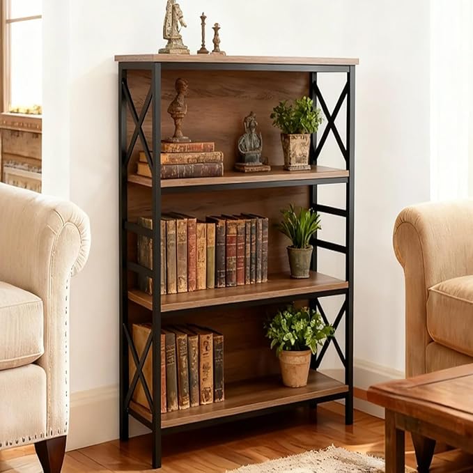 Book Shelf,4-Tier Industrial Bookshelf with Strong Metal Frame & Backboard,29.5" Short Bookcase for Small Spaces, Living Room,Bedroom and Home Office,Brown